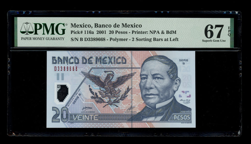 Mexico - 20 Pesos - 2001 - Banco de Mexico - PMG 67 EPQ Superb Gem UNC