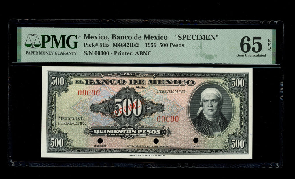Mexico - 500 Pesos - 1956 Banco de Mexico - SPECIMEN - PMG 65 EPQ Gem UNC