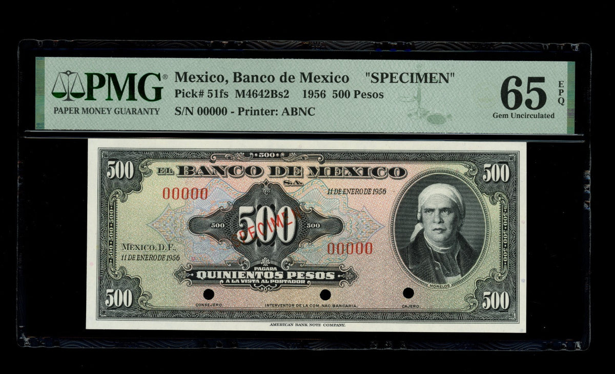 Mexico - 500 Pesos - 1956 Banco de Mexico - SPECIMEN - PMG 65 EPQ Gem UNC
