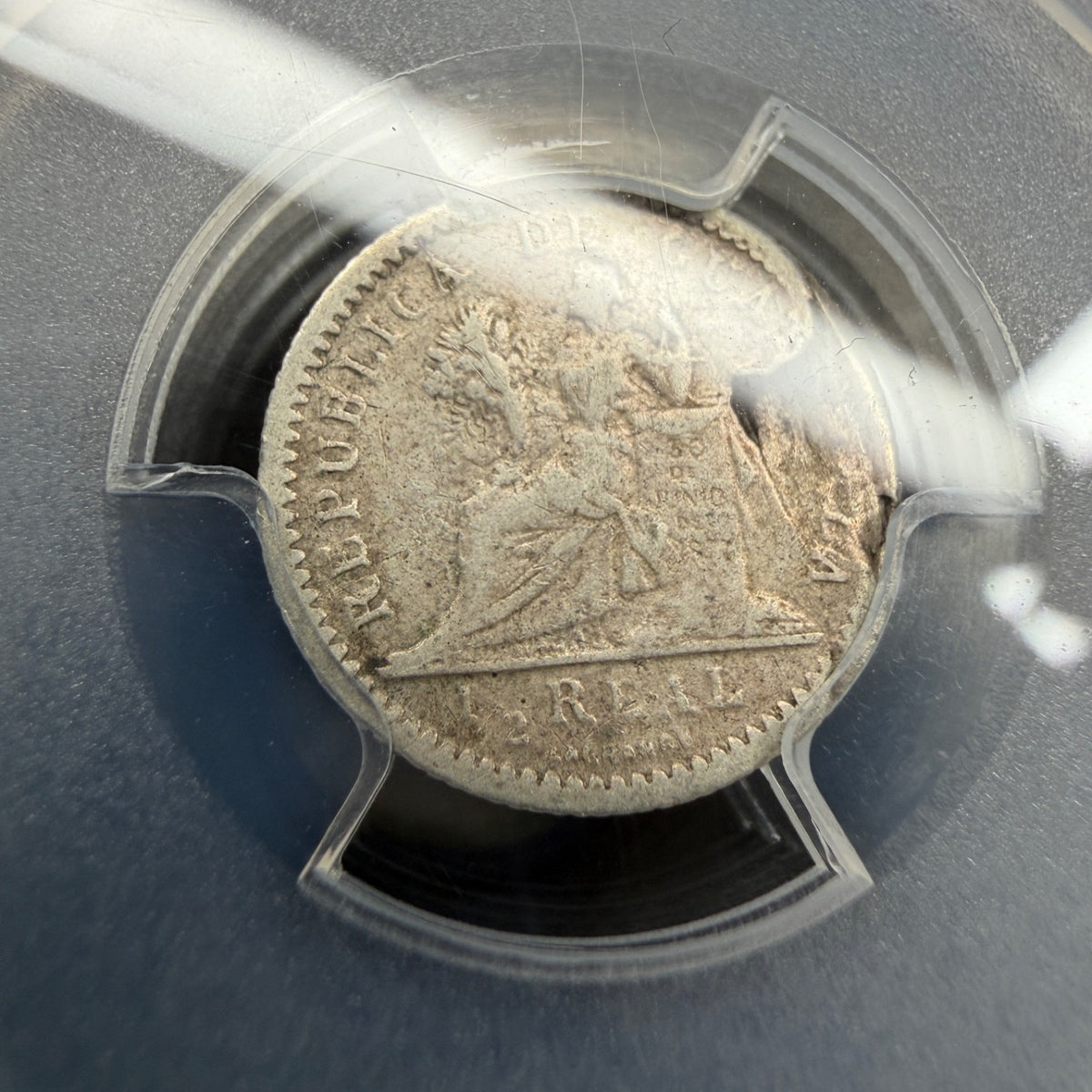 Guatemala - 1/2 Real - 1896 Mint Error Reverse Lamination - PCGS VF 25