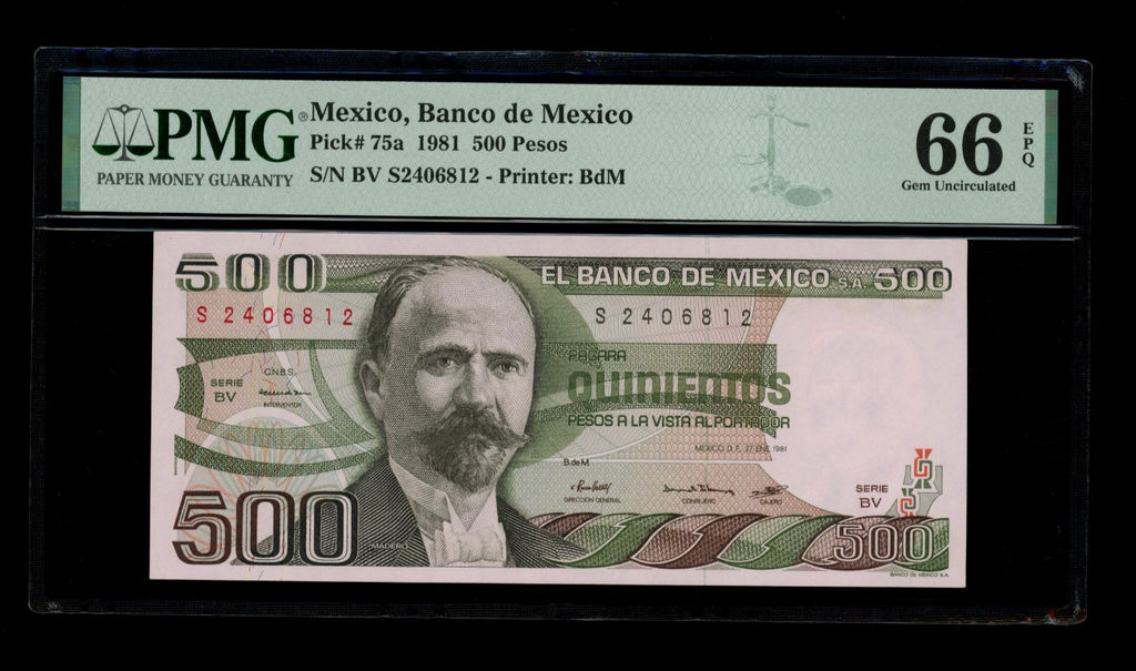 Mexico - 500 Pesos - 1981 Banco de Mexico PMG 66 EPQ GEM UNC