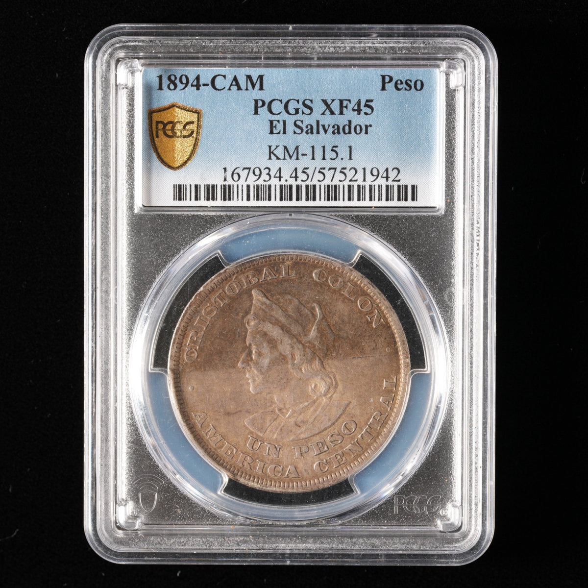 El Salvador - 1 Peso - 1894 Central American Mint - PCGS XF 45