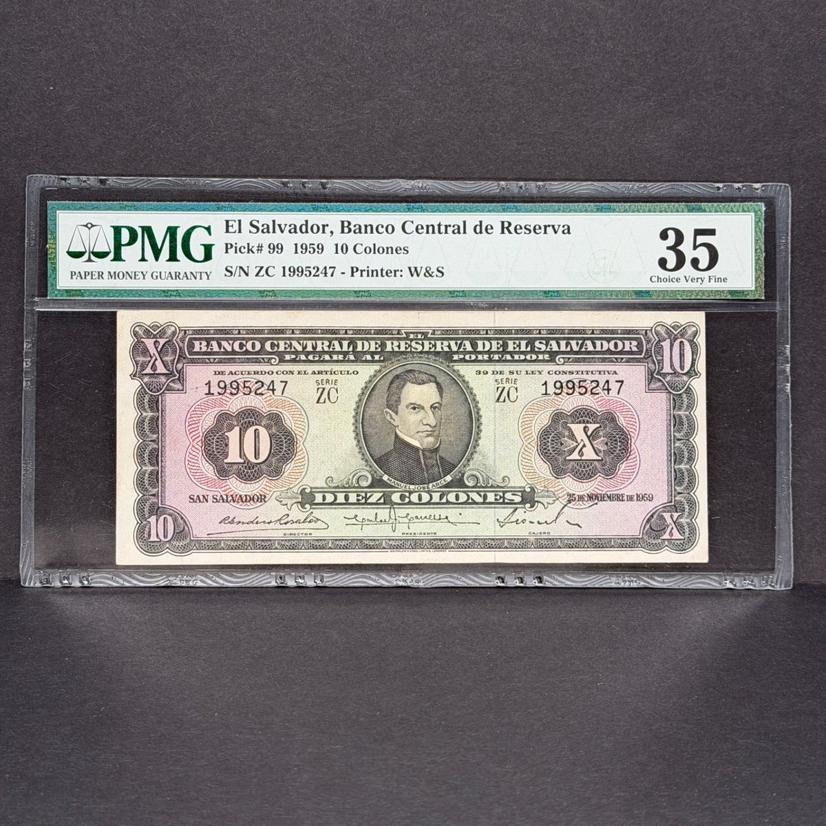 El Salvador - 10 Colones - 25 Noviembre 1959 - PMG VF 35