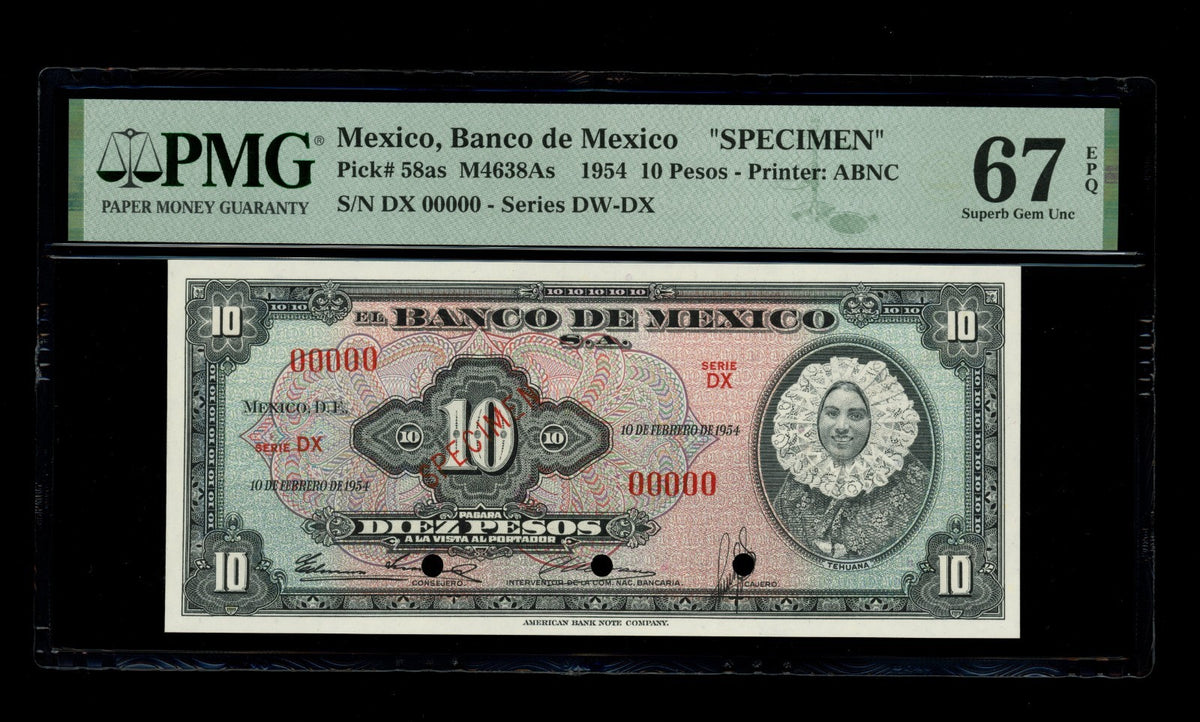 Mexico - 10 Pesos - 1954 Banco de Mexico - SPECIMEN - PMG 67 EPQ Superb Gem UNC