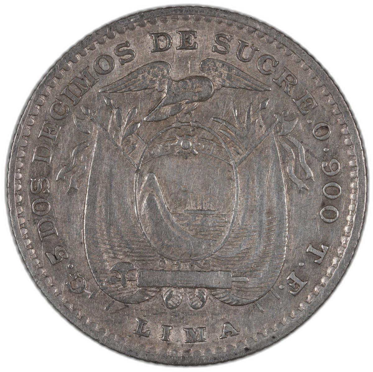 Ecuador - 2 Decimos - 1892 (Lima TF) - Silver .900 - Overdate