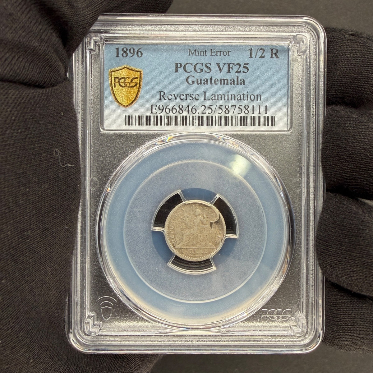 Guatemala - 1/2 Real - 1896 Mint Error Reverse Lamination - PCGS VF 25