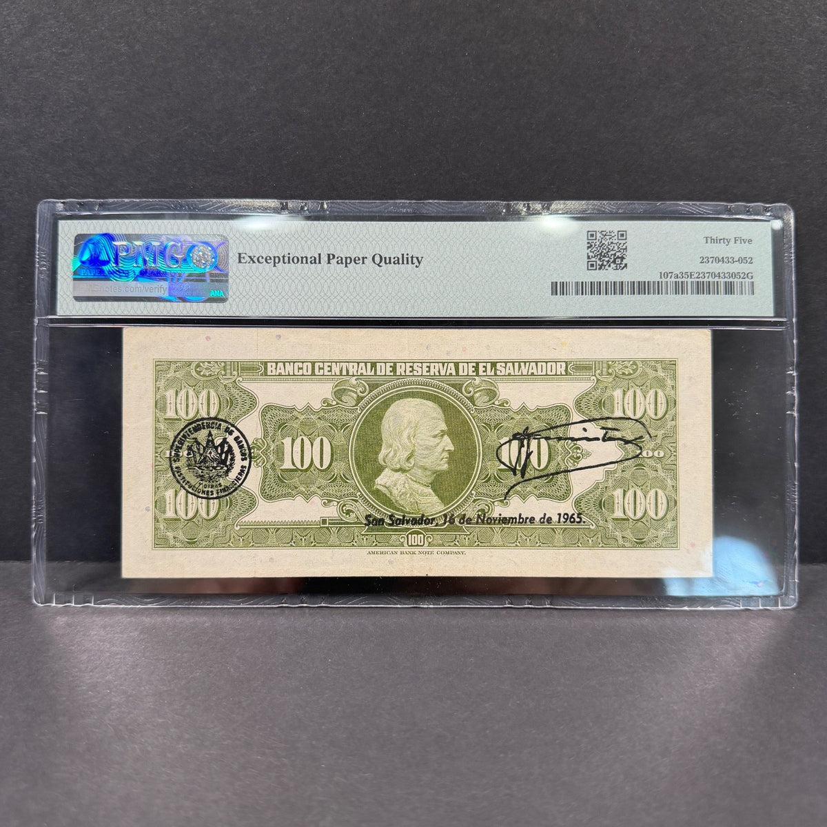 El Salvador - 100 Colones - 12 Enero 1965 - PMG VF35 EPQ