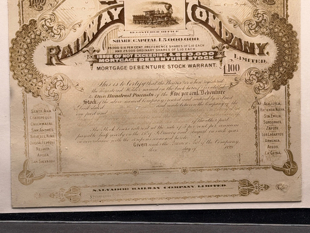 El Salvador - 100 Pounds - 1899 Salvador Railway Company Photographic Proof