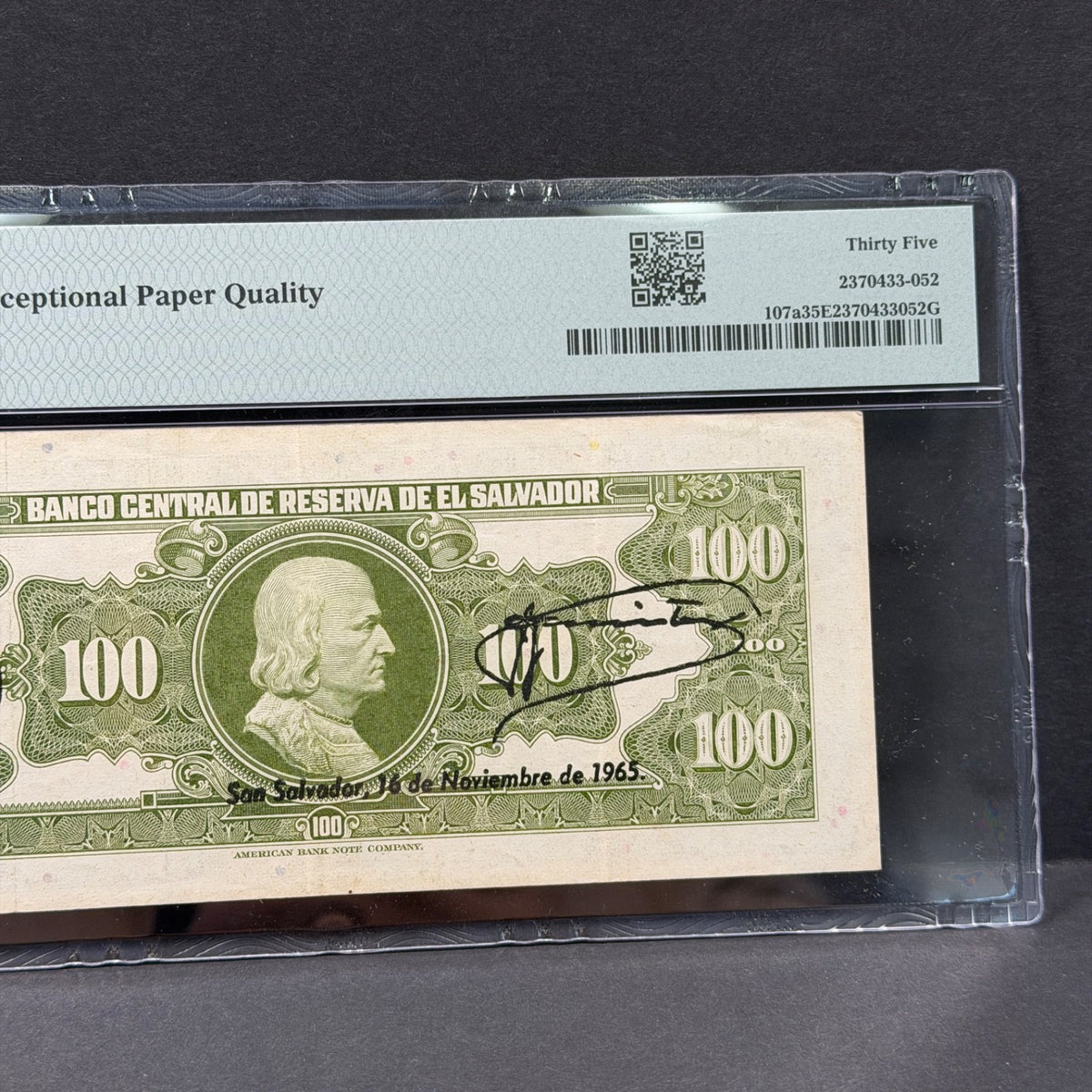 El Salvador - 100 Colones - 12 Enero 1965 - PMG VF35 EPQ