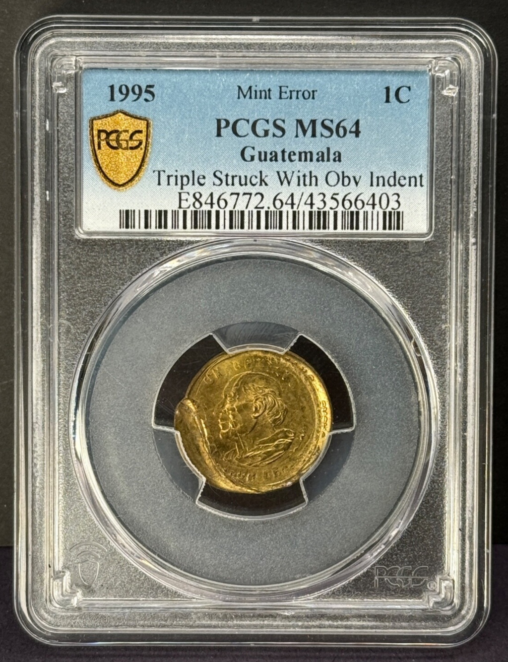 Guatemala - 1 Centavo - 1995 Mint Error Triple Struck With Obv Indent PCGS MS 64