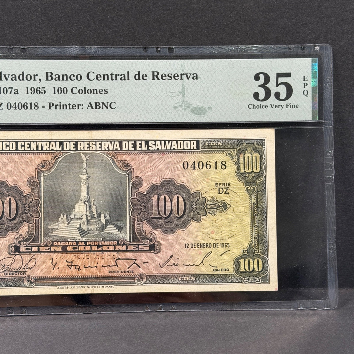 El Salvador - 100 Colones - 12 Enero 1965 - PMG VF35 EPQ