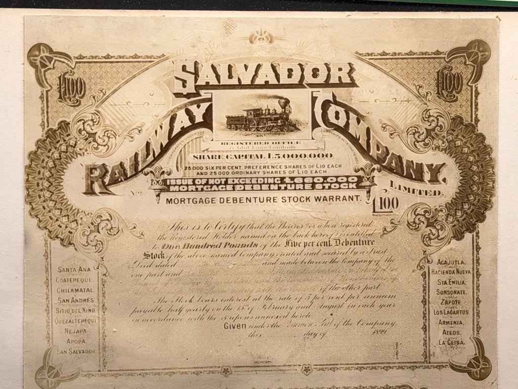 El Salvador - 100 Pounds - 1899 Salvador Railway Company Photographic Proof