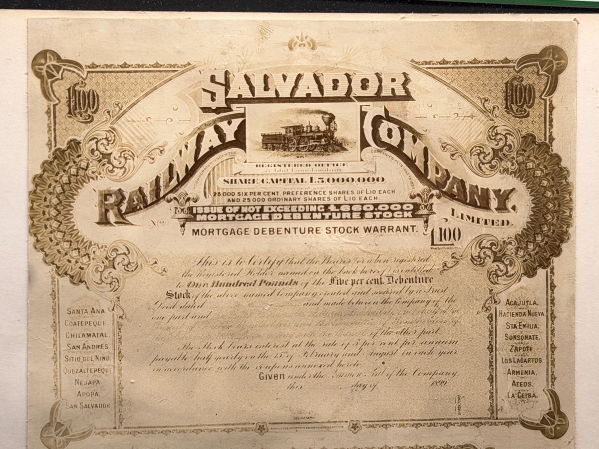 El Salvador - 100 Pounds - 1899 Salvador Railway Company Photographic Proof