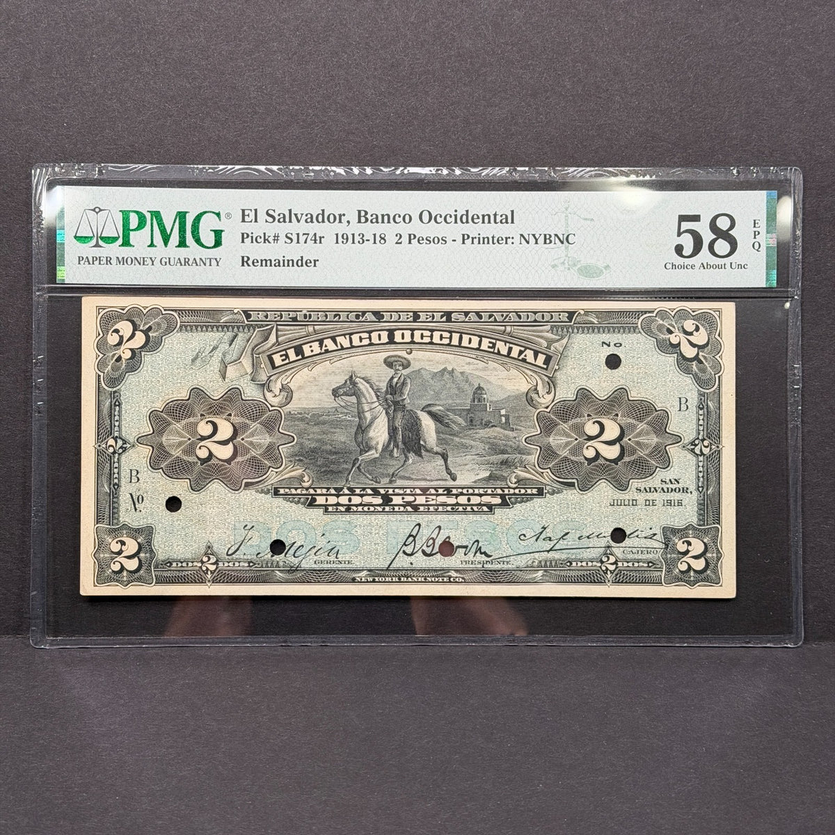 El Salvador - 2 Pesos - Banco Occidental - PMG 58 EPQ - "Billete del Charro"