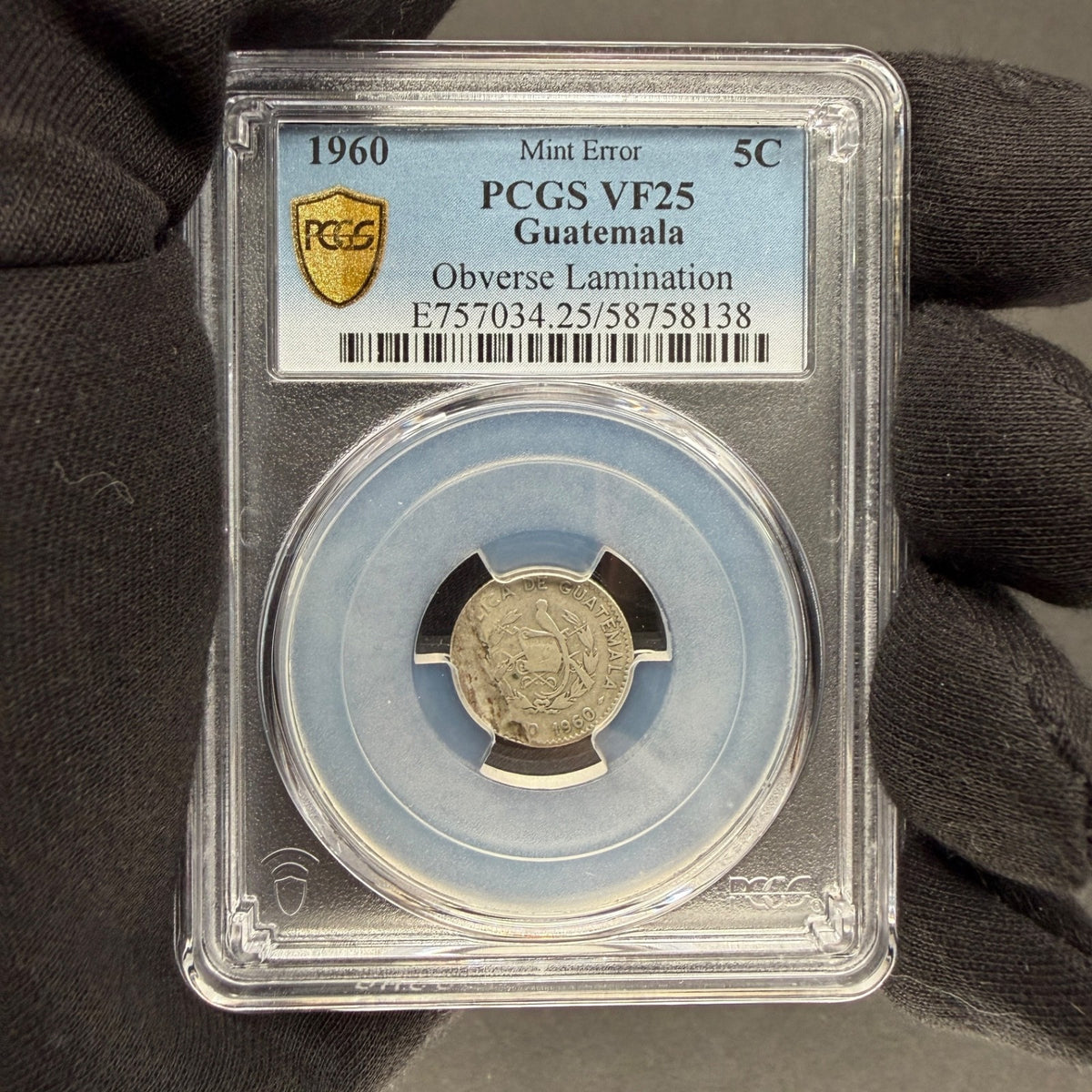 Guatemala - 5 Centavos - 1960 Mint Error Obverse Lamination - PCGS VF 25